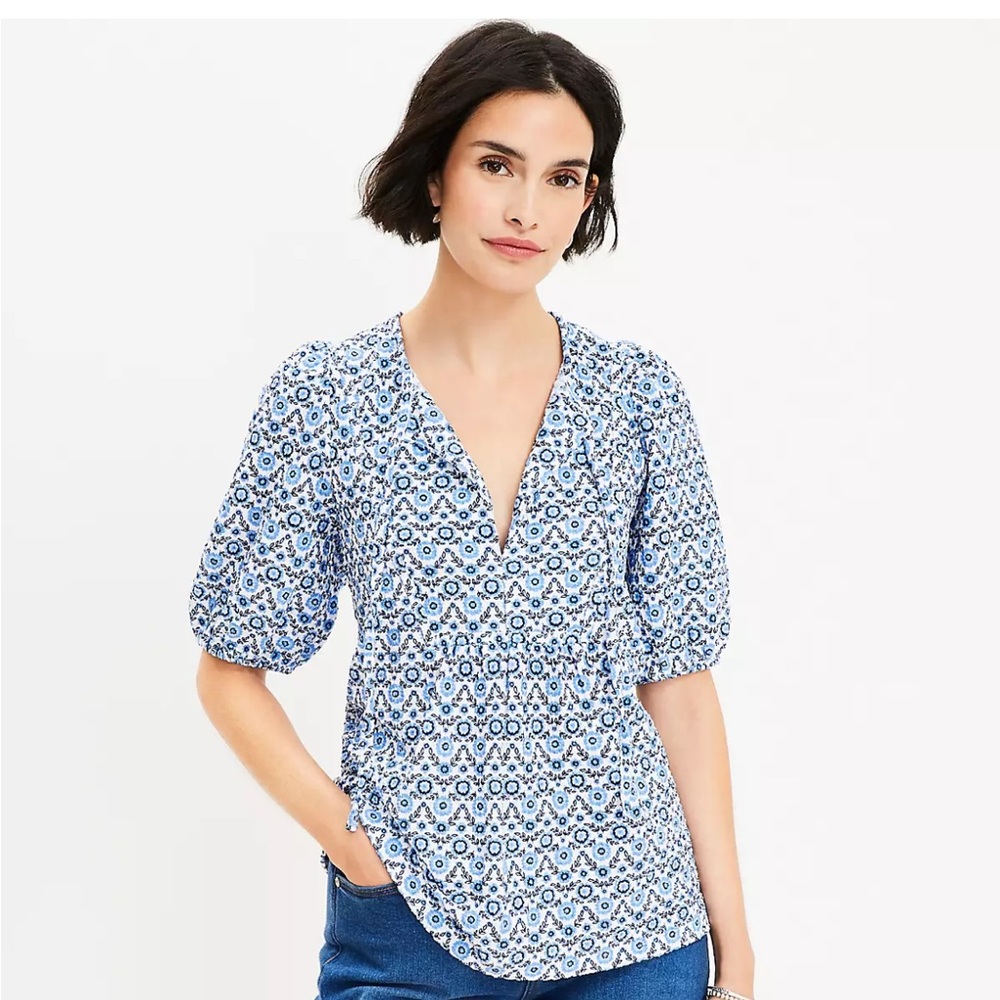 LOFT Blue Floral Puff Sleeve Tie Neck Top